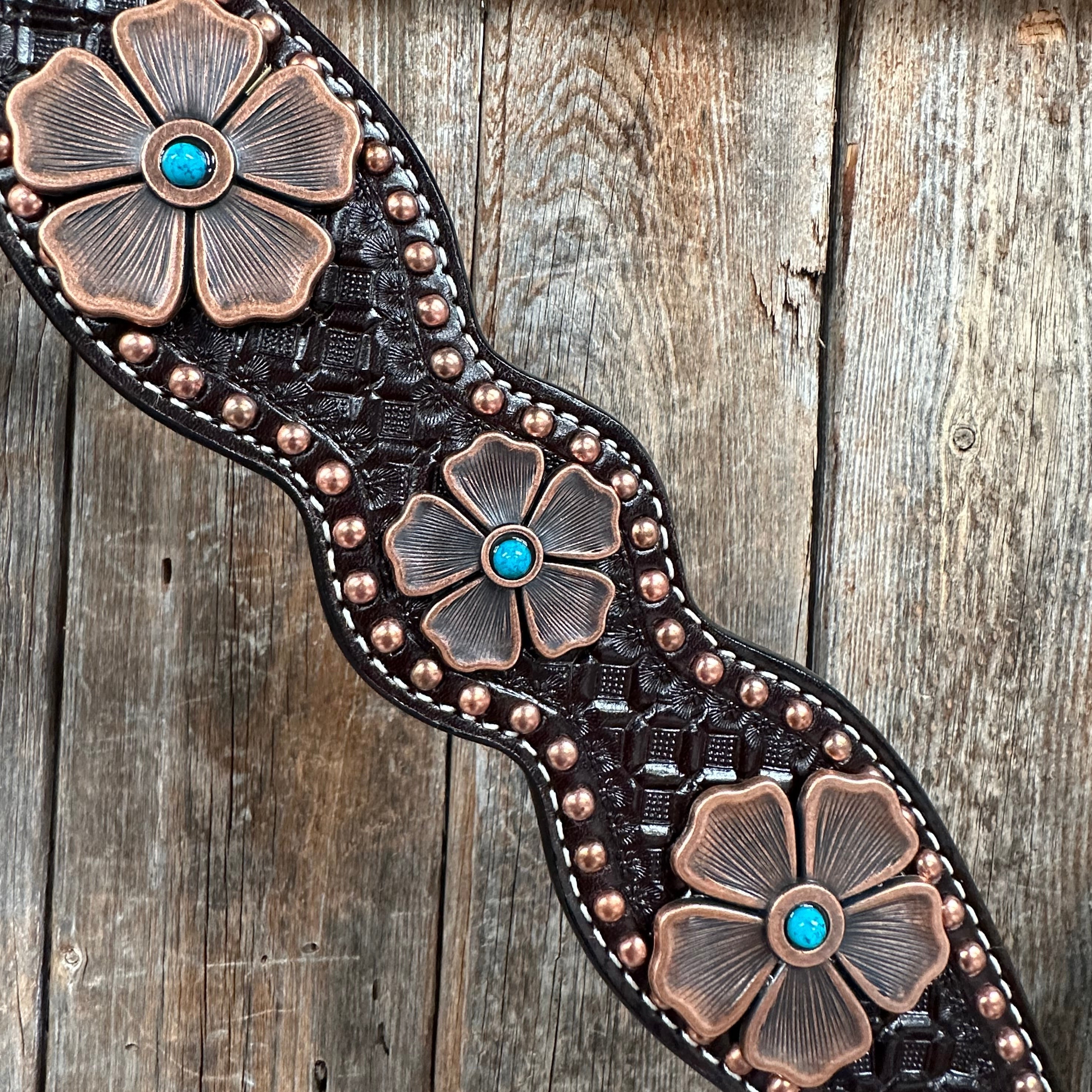 Copper Dot Honeycomb Flower and Turquoise Browband / One Ear Tack Set #BBBC563 — view 5