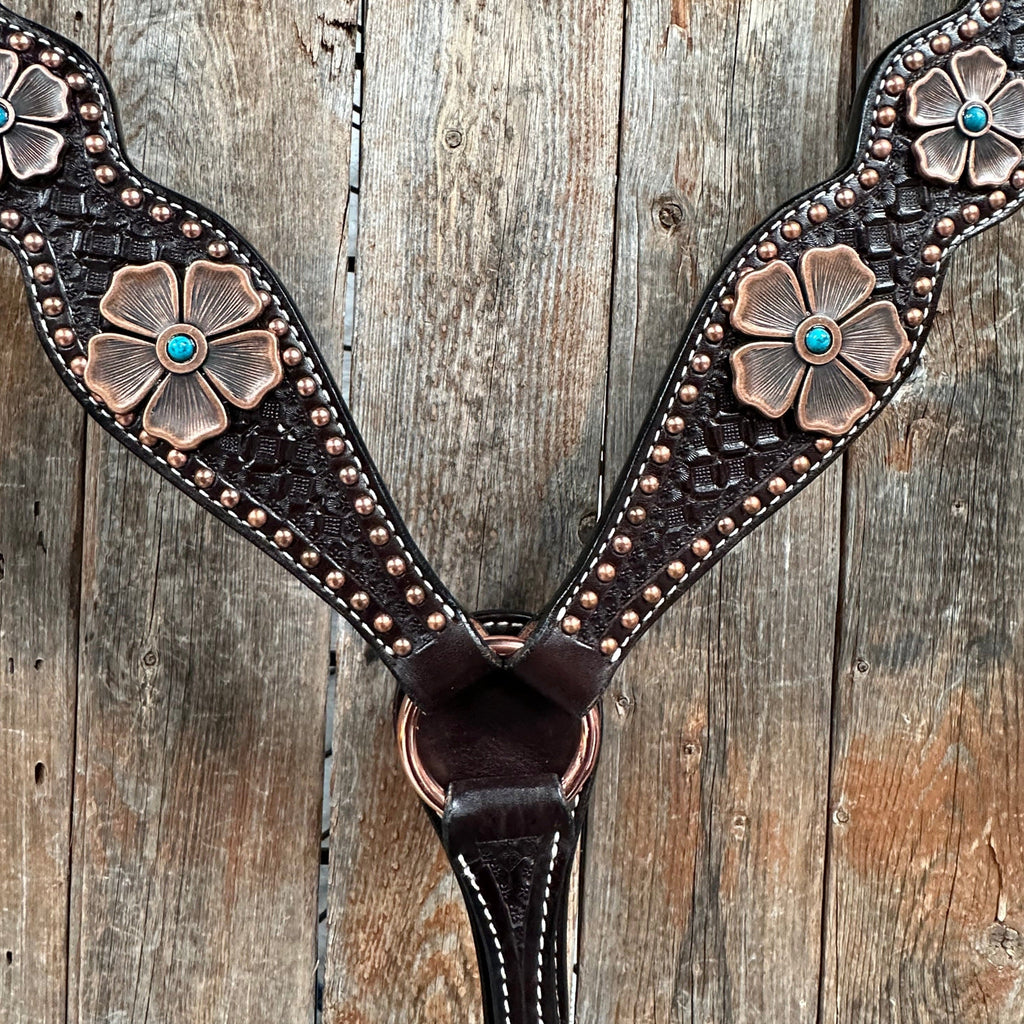 Copper Dot Honeycomb Flower and Turquoise Browband / One Ear Tack Set #BBBC563 — view 6
