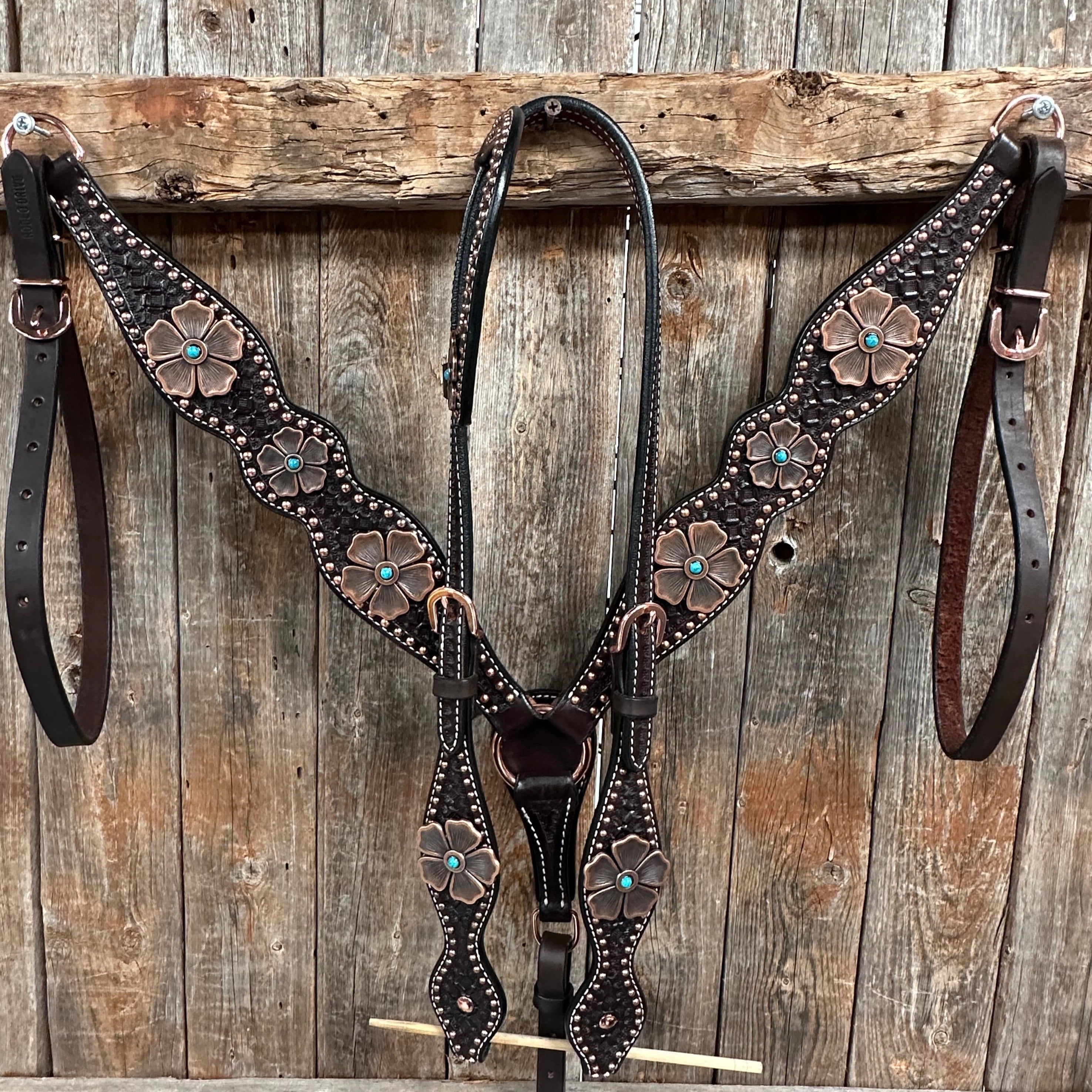 Copper Dot Honeycomb Flower and Turquoise Browband / One Ear Tack Set #BBBC563 — view 2