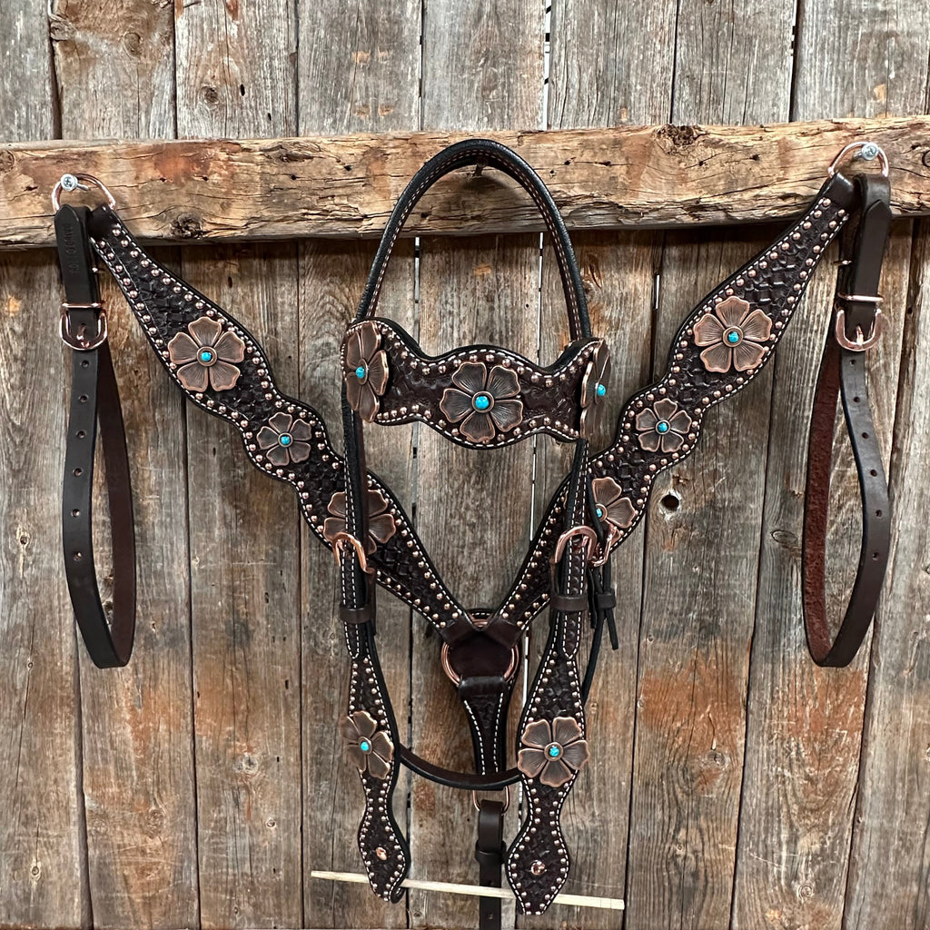 Copper Dot Honeycomb Flower and Turquoise Browband / One Ear Tack Set #BBBC563