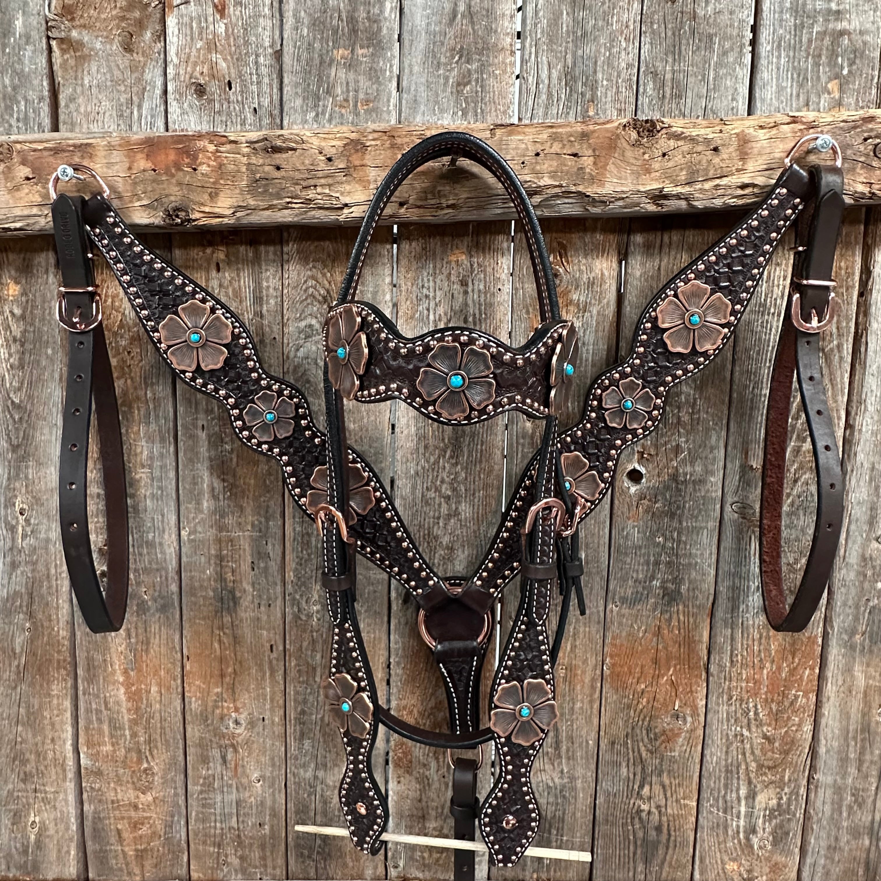 Copper Dot Honeycomb Flower and Turquoise Browband / One Ear Tack Set #BBBC563