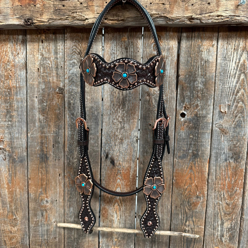 Copper Dot Honeycomb Flower and Turquoise Browband / One Ear Tack Set #BBBC563 — view 7
