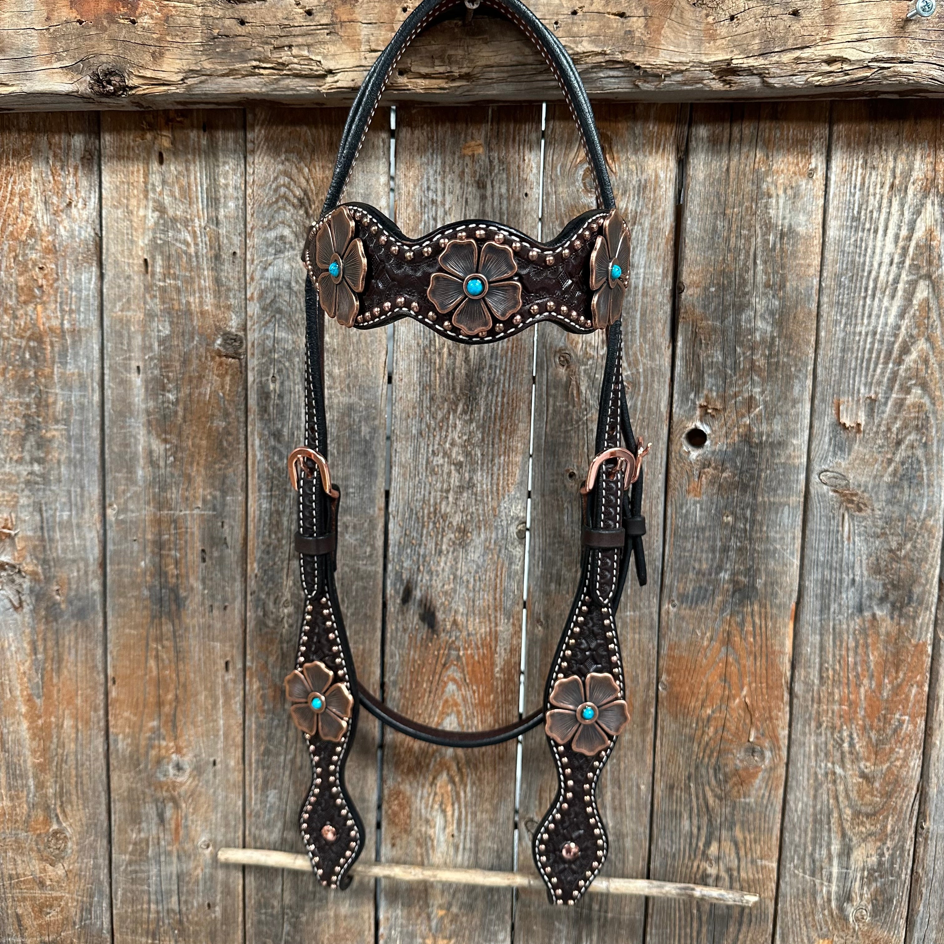Copper Dot Honeycomb Flower and Turquoise Browband / One Ear Tack Set #BBBC563 — view 7
