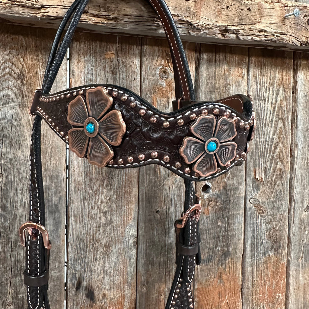 Copper Dot Honeycomb Flower and Turquoise Browband / One Ear Tack Set #BBBC563 — view 8