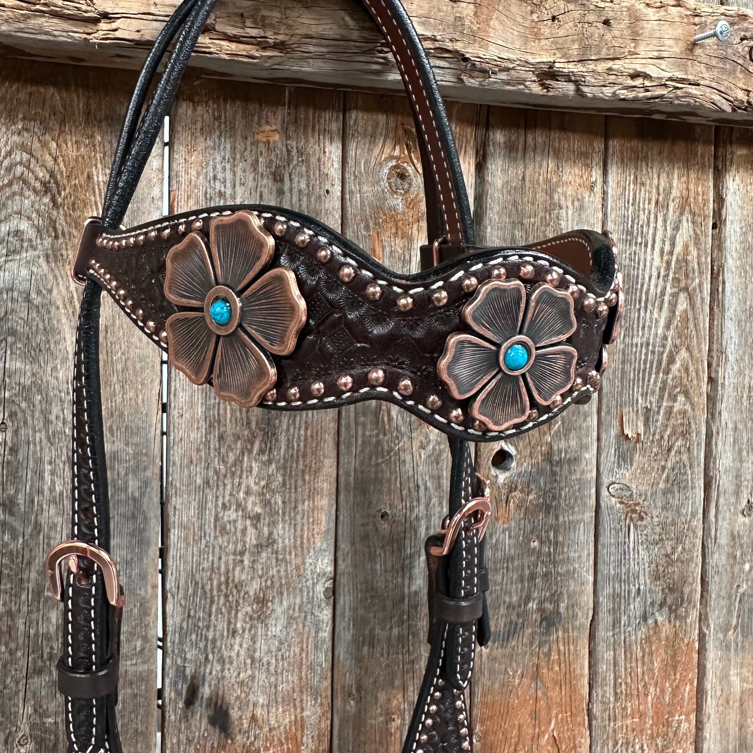 Copper Dot Honeycomb Flower and Turquoise Browband / One Ear Tack Set #BBBC563 — view 8
