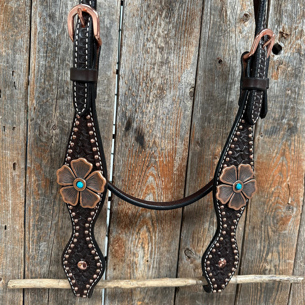 Copper Dot Honeycomb Flower and Turquoise Browband / One Ear Tack Set #BBBC563 — view 9