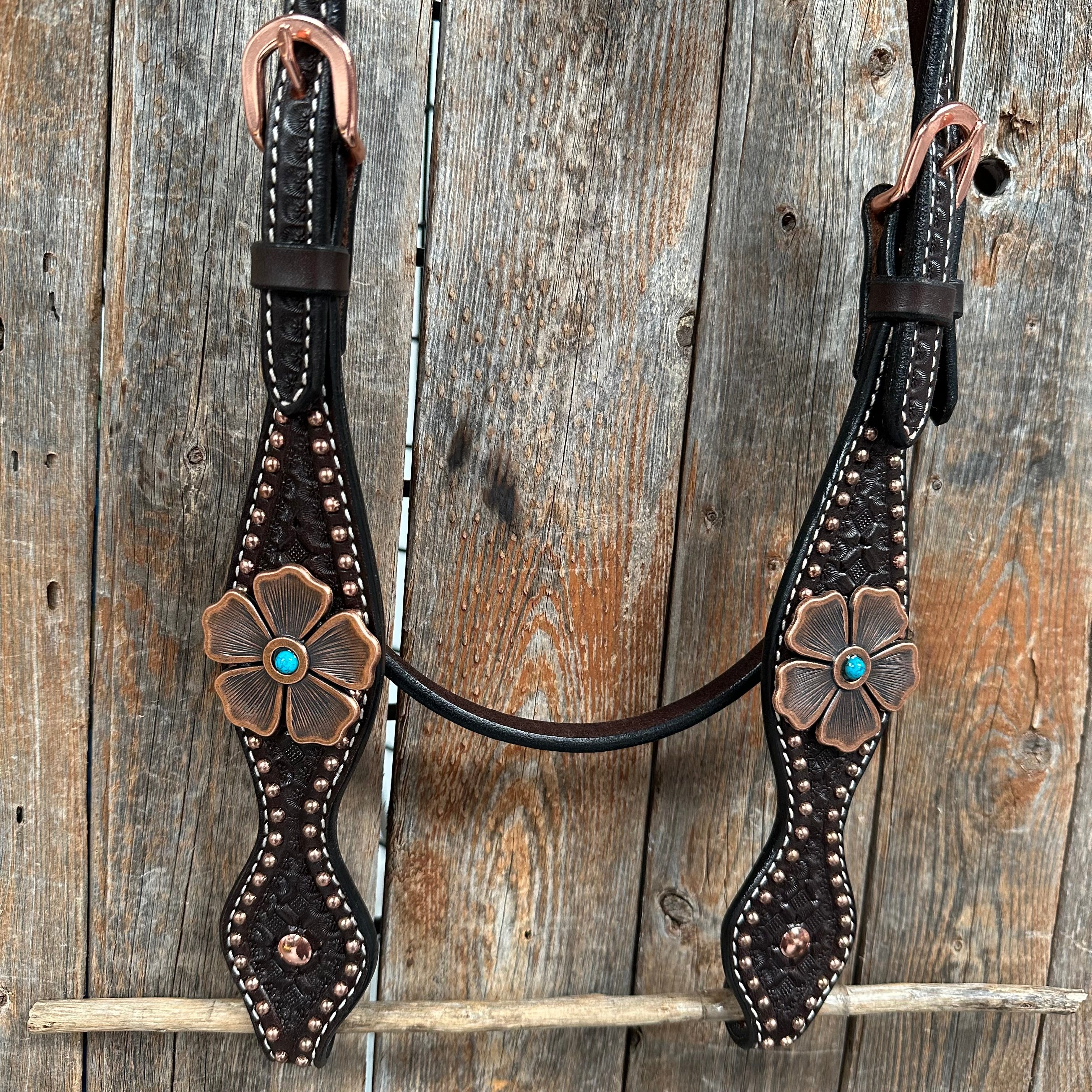 Copper Dot Honeycomb Flower and Turquoise Browband / One Ear Tack Set #BBBC563 — view 9