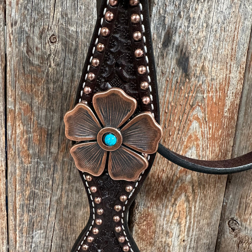 Copper Dot Honeycomb Flower and Turquoise Browband / One Ear Tack Set #BBBC563 — view 10