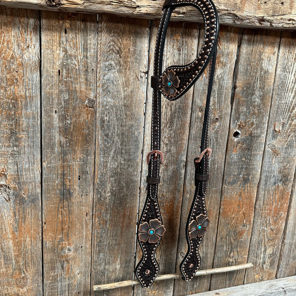 Copper Dot Honeycomb Flower and Turquoise Browband / One Ear Tack Set #BBBC563 — view 11