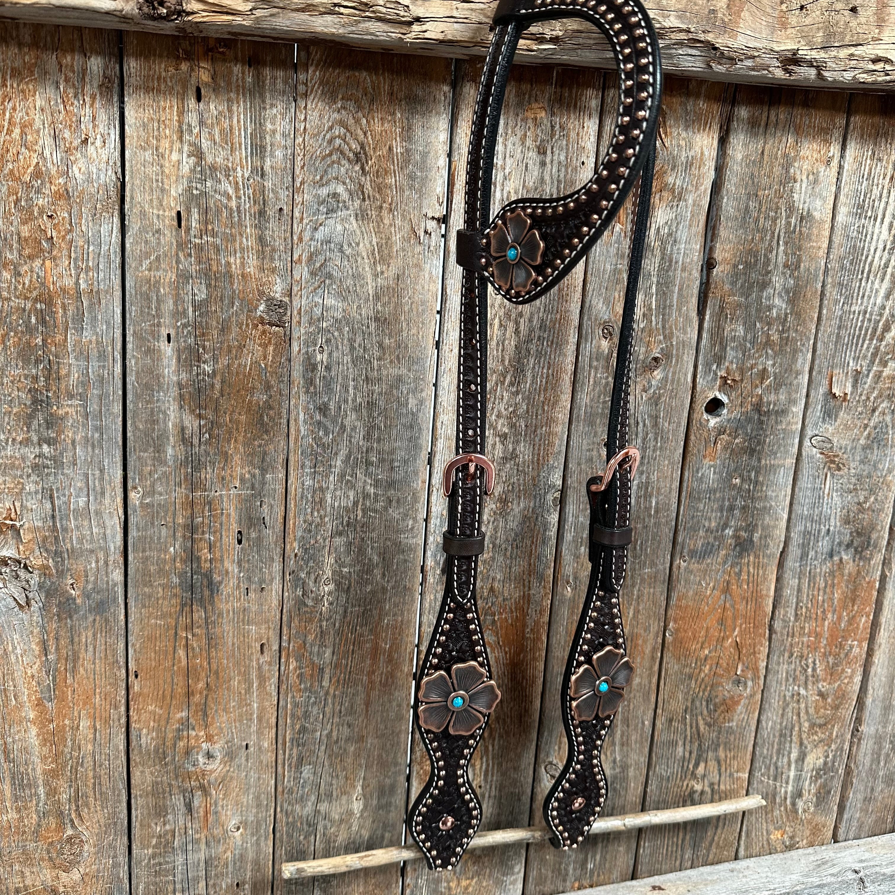 Copper Dot Honeycomb Flower and Turquoise Browband / One Ear Tack Set #BBBC563 — view 11