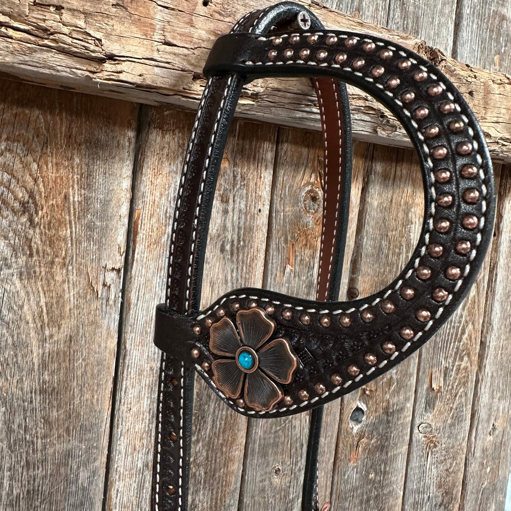 Copper Dot Honeycomb Flower and Turquoise Browband / One Ear Tack Set #BBBC563 — view 12