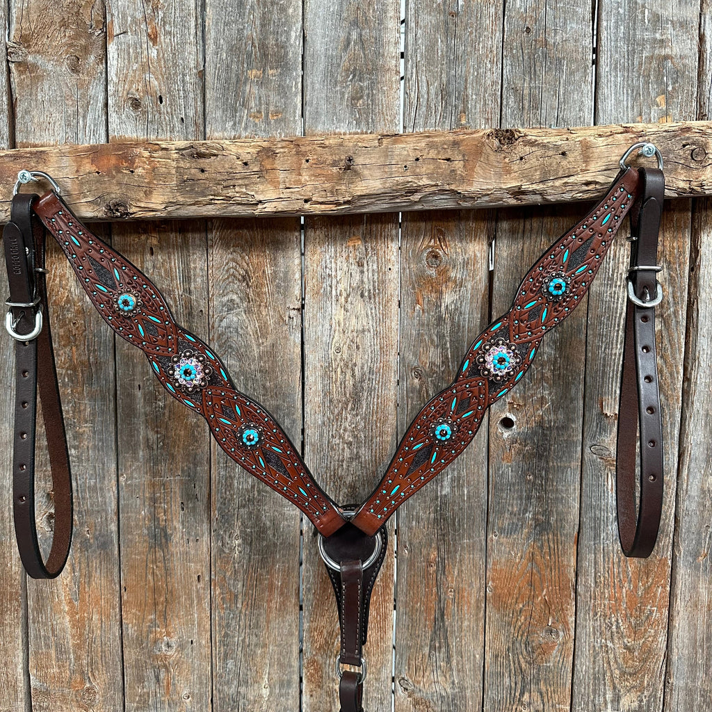 Dark Oil Hand Painted Antique Silver Turquoise One Ear and Breastcollar Tack Set #OEBC564 — view 2
