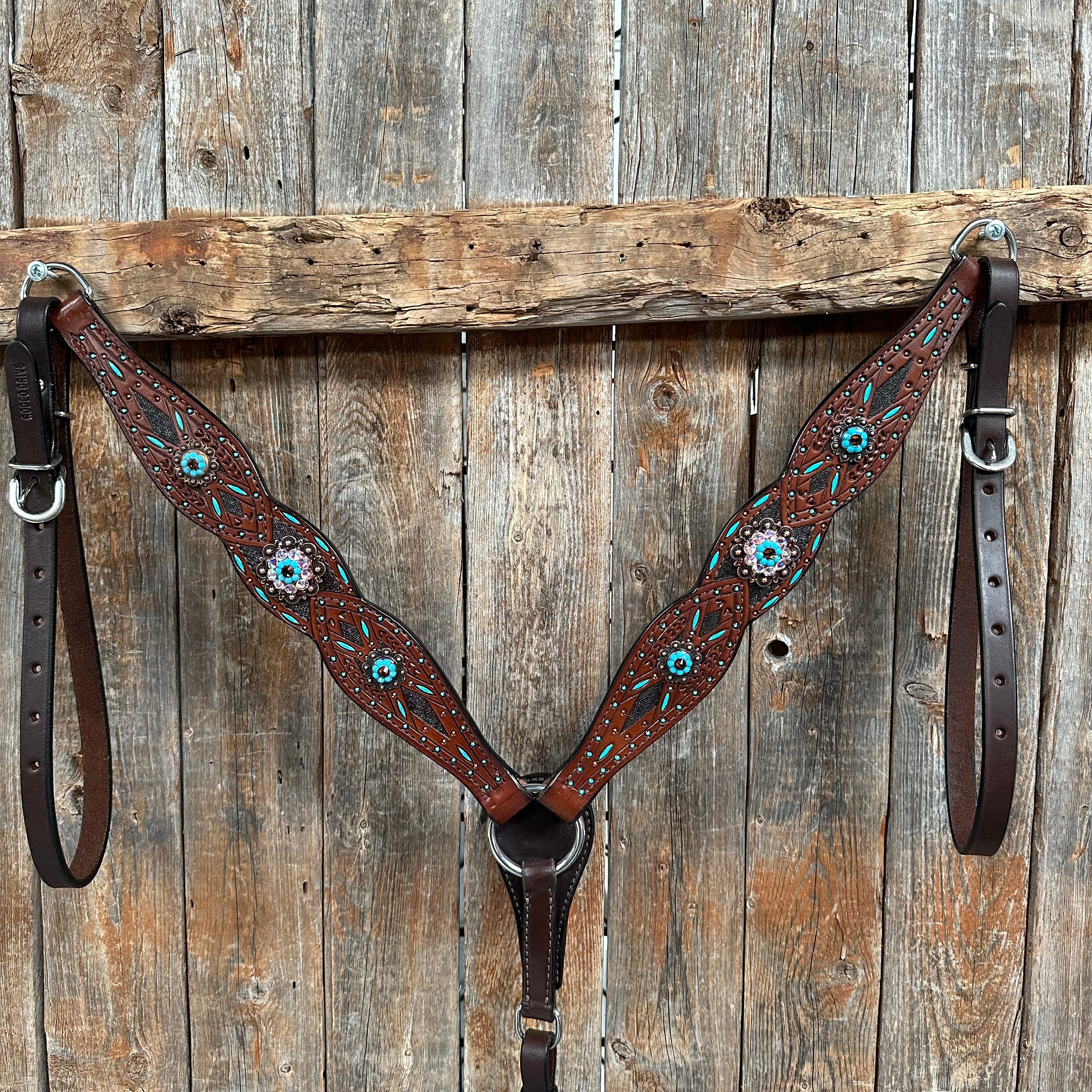 Dark Oil Hand Painted Antique Silver Turquoise One Ear and Breastcollar Tack Set #OEBC564 — view 2