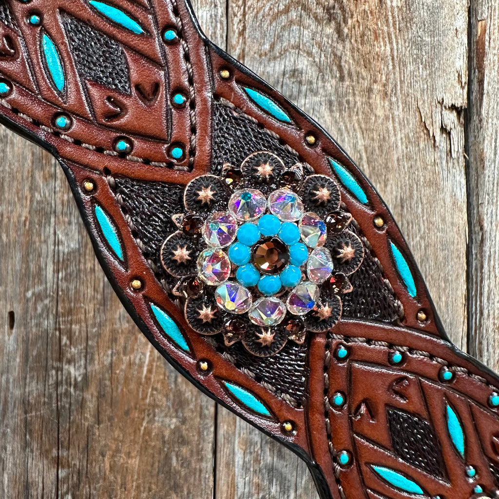Dark Oil Hand Painted Antique Silver Turquoise One Ear and Breastcollar Tack Set #OEBC564 — view 5