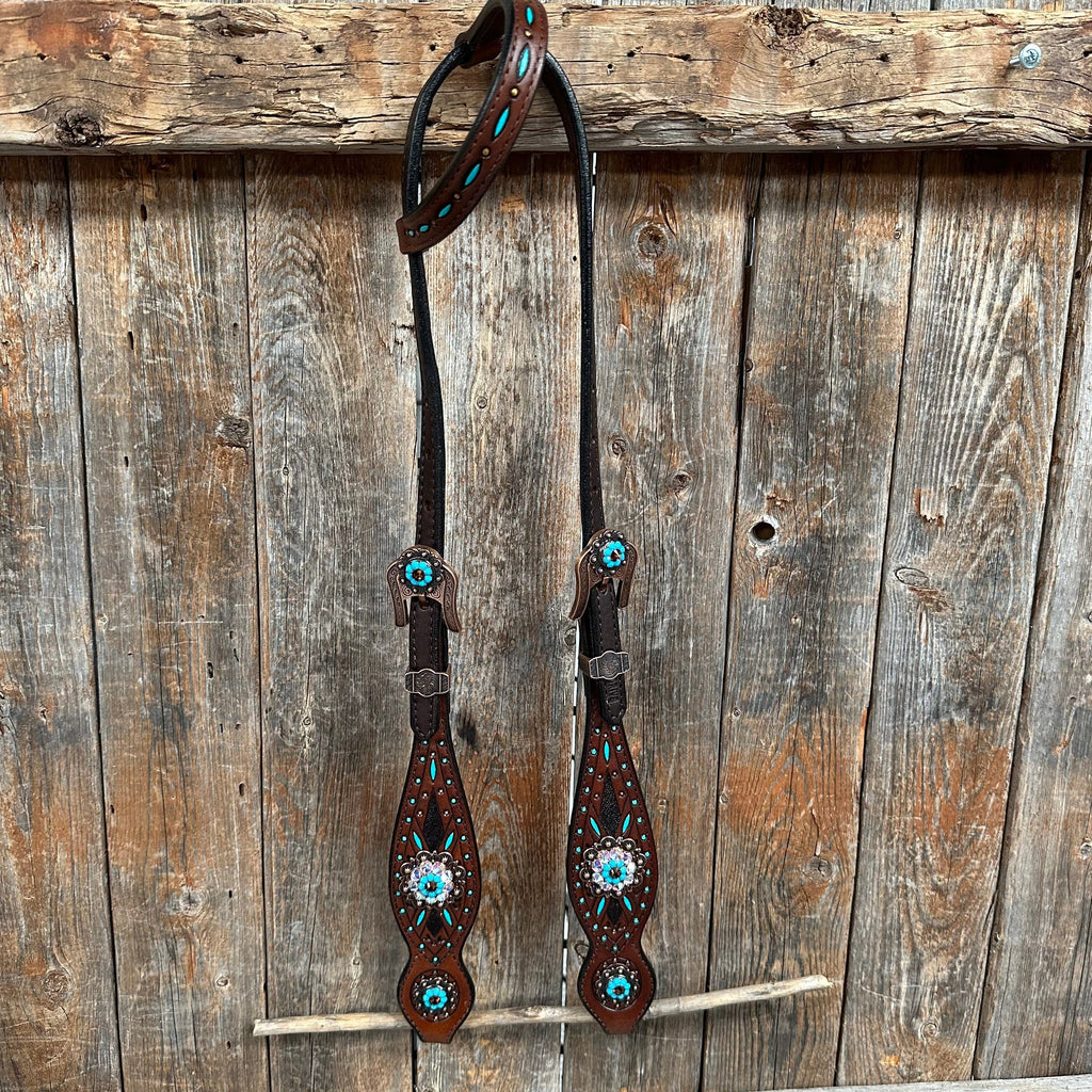 Dark Oil Hand Painted Antique Silver Turquoise One Ear and Breastcollar Tack Set #OEBC564 — view 6