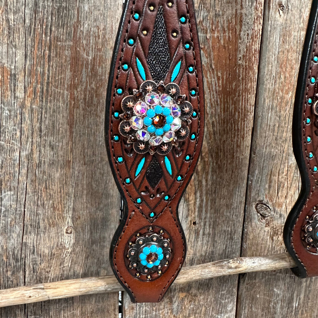 Dark Oil Hand Painted Antique Silver Turquoise One Ear and Breastcollar Tack Set #OEBC564 — view 8