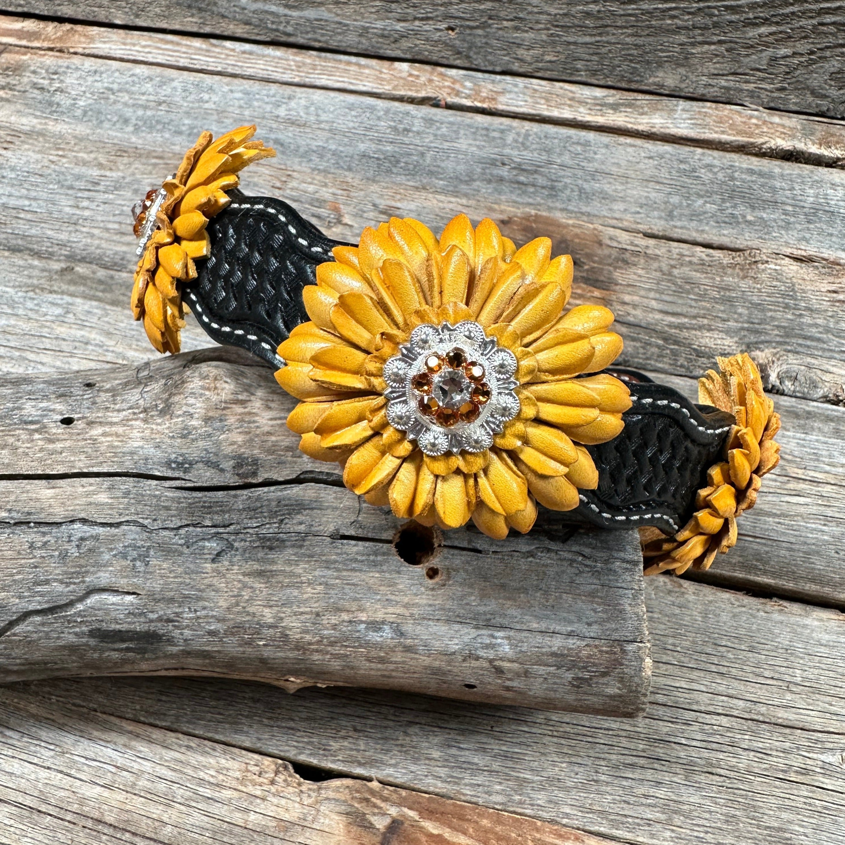 DC19 -Black Oil Genuine Leather Sunflower Dog Collar 18" to 28"