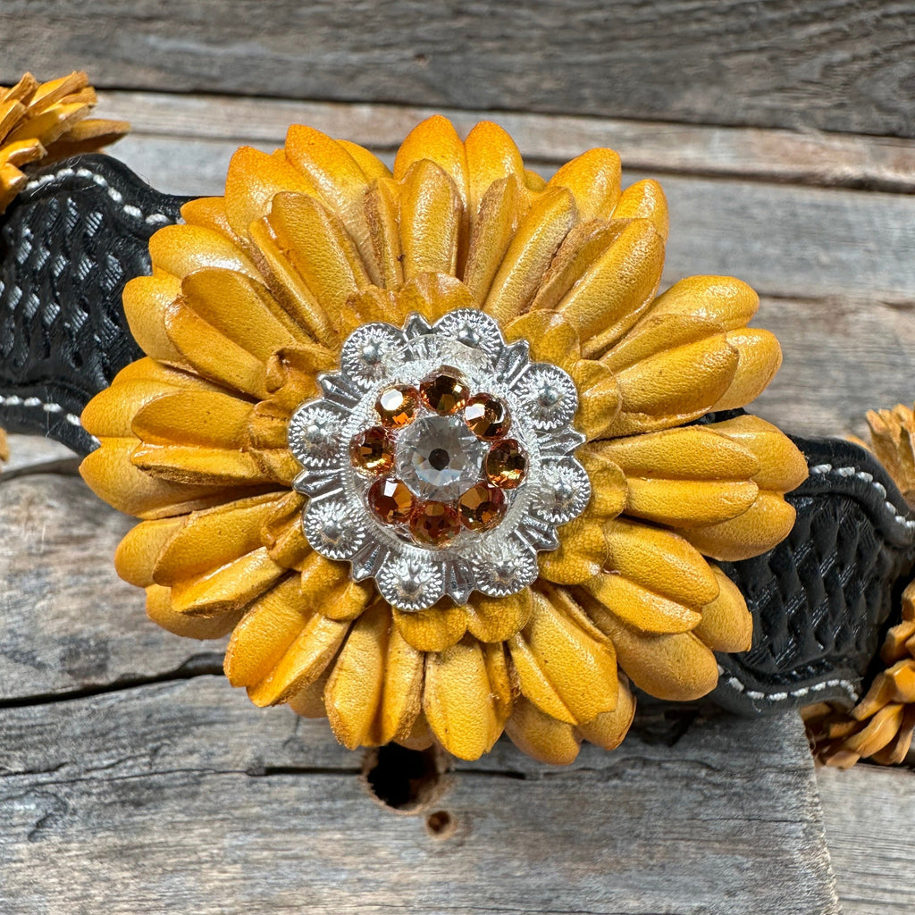 DC19 -Black Oil Genuine Leather Sunflower Dog Collar 18" to 28" — view 5