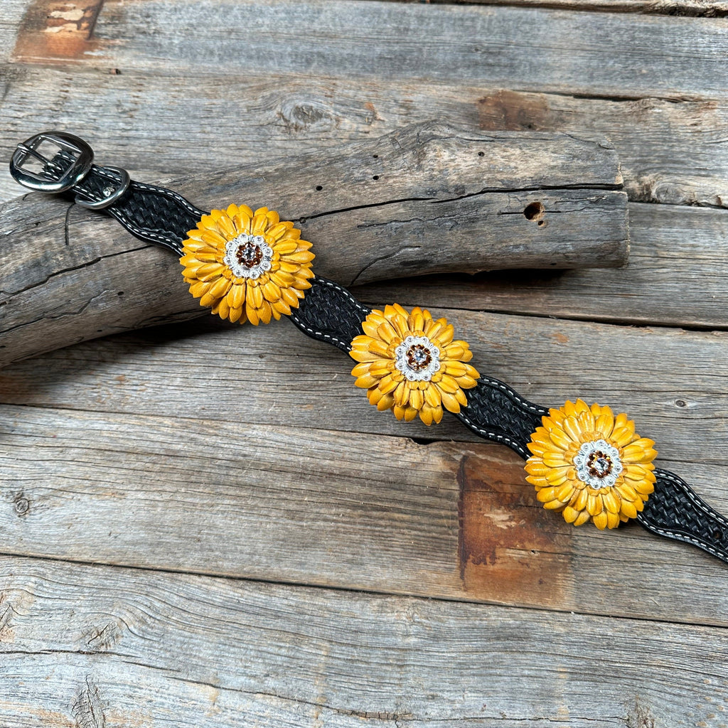 DC19 -Black Oil Genuine Leather Sunflower Dog Collar 18" to 28" — view 3