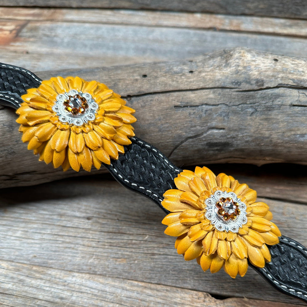 DC19 -Black Oil Genuine Leather Sunflower Dog Collar 18" to 28" — view 4