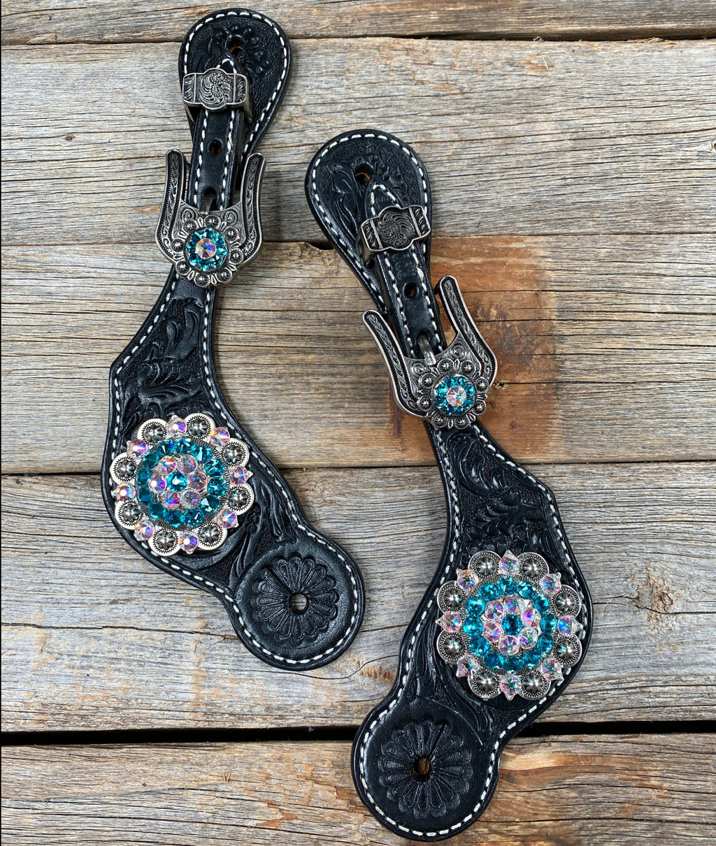 Black Floral Spur Straps - Antique Silver Crystal Conchos #SS112