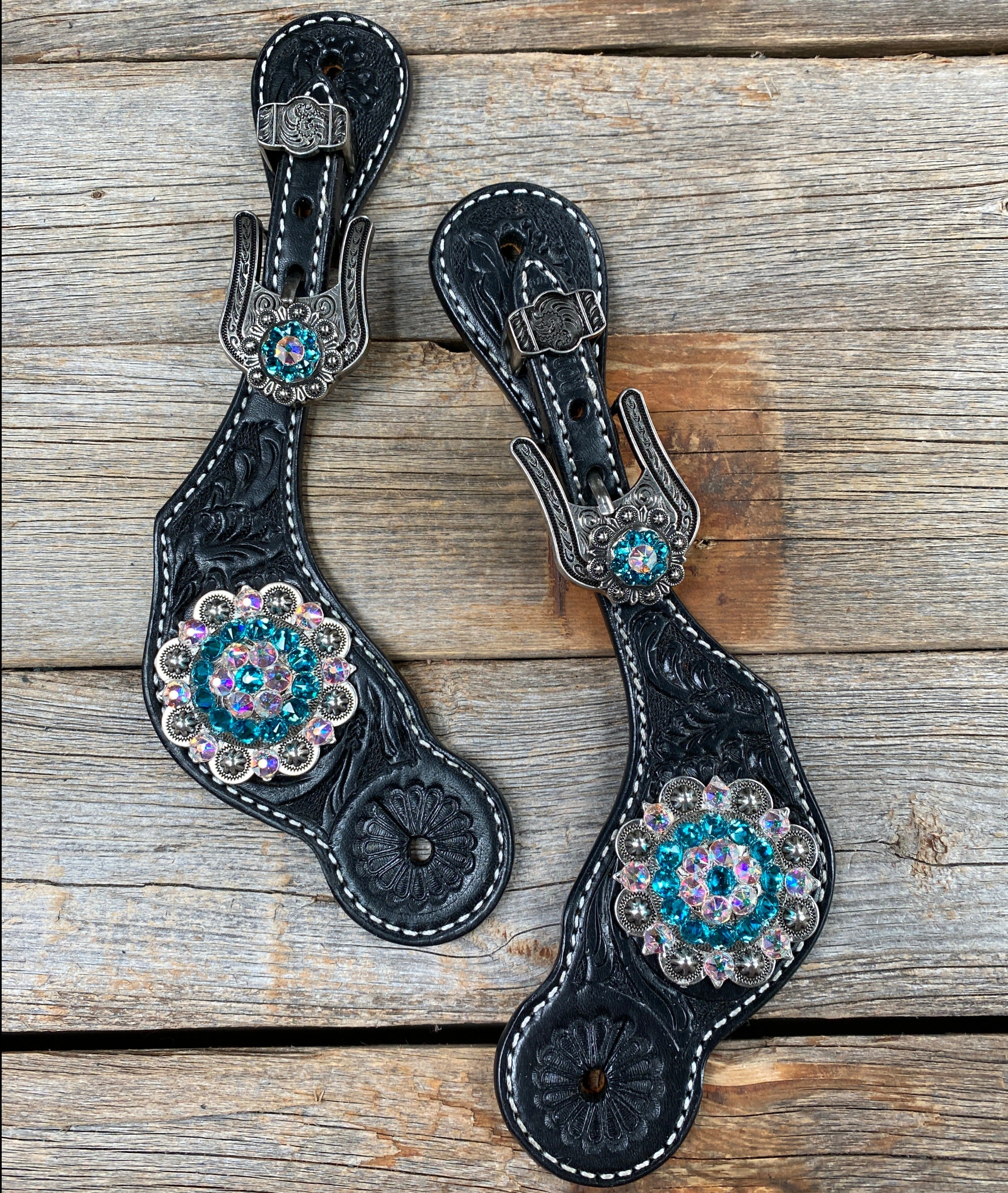Black Floral Spur Straps - Antique Silver Crystal Conchos #SS112