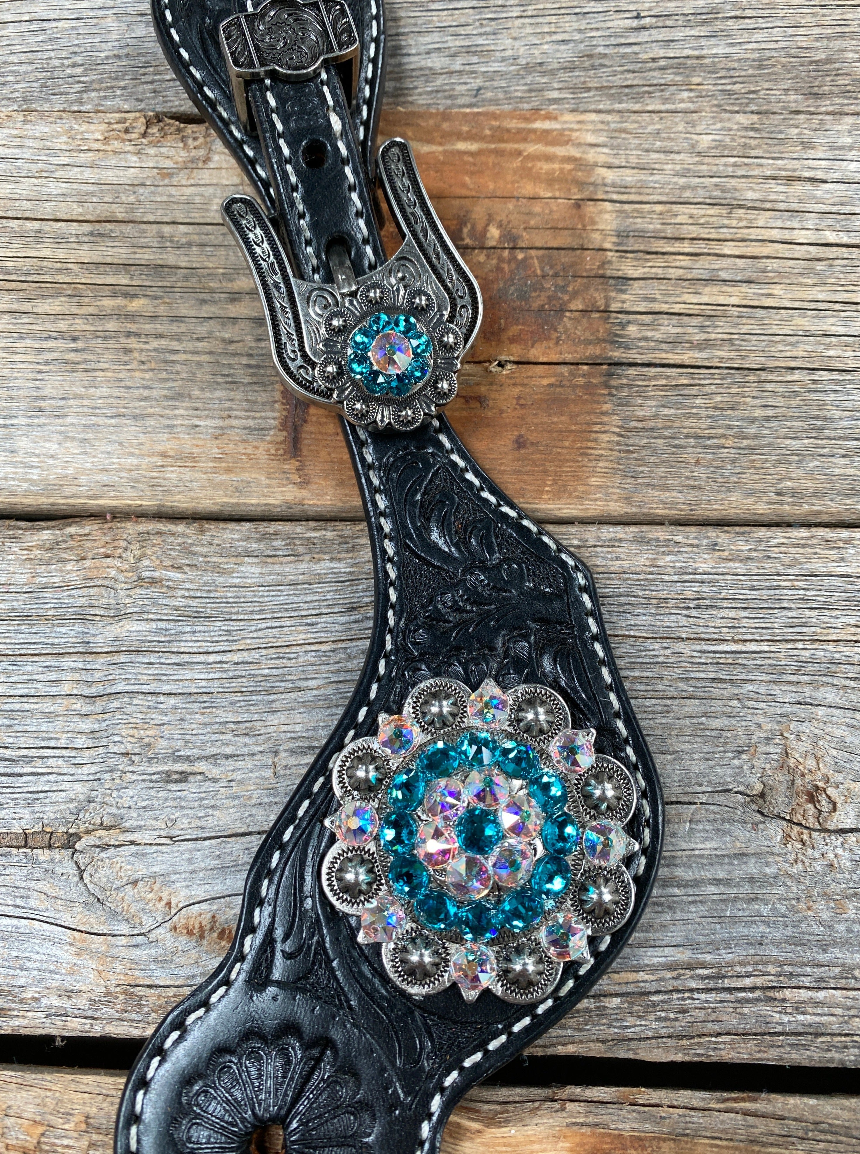 Black Floral Spur Straps - Antique Silver Crystal Conchos #SS112 — view 2