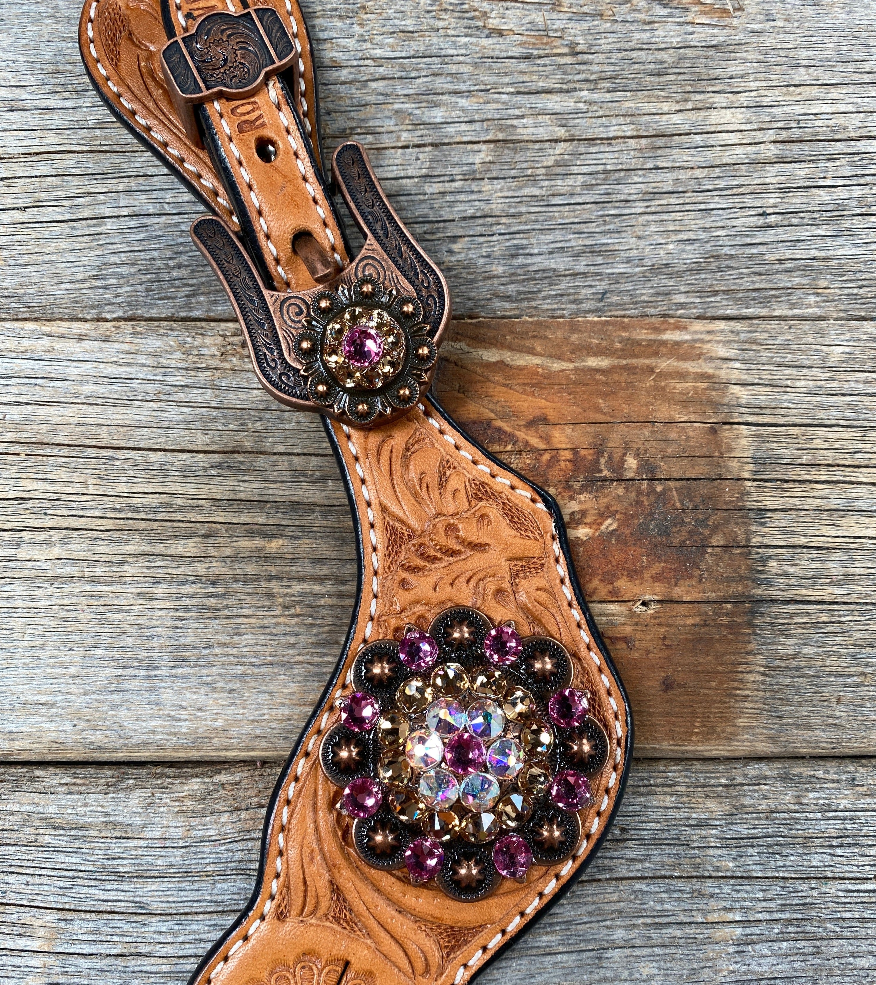 Light Floral Spur Straps - Copper Crystal Conchos #SS109 — view 2