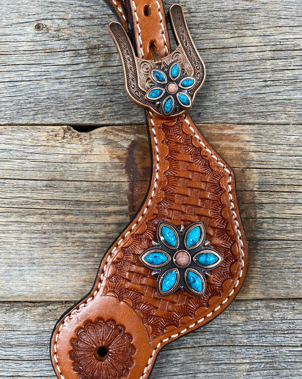 Light Oil Basketweave Spur Straps - Copper Floral Conchos #SS101 — view 2