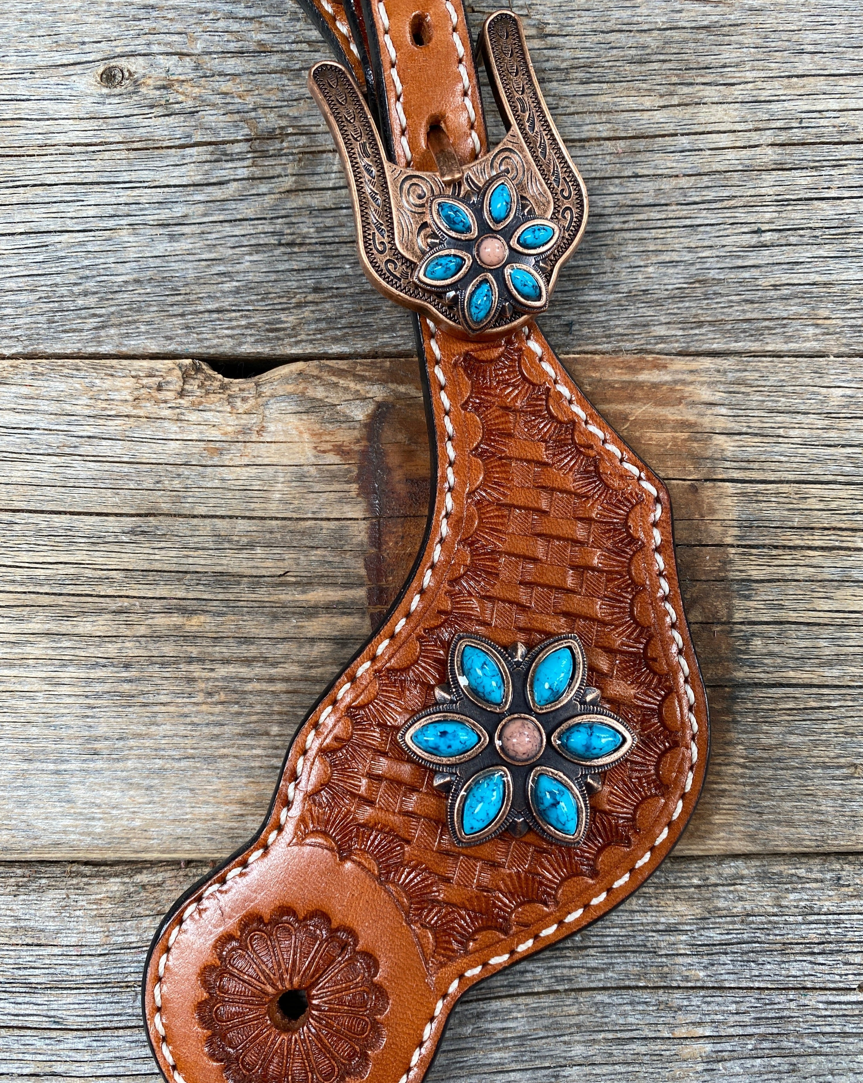 Light Oil Basketweave Spur Straps - Copper Floral Conchos #SS101 — view 2