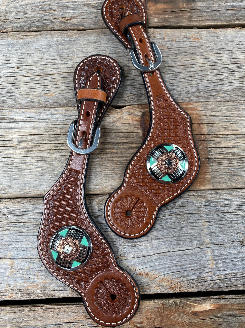 Medium Oil Basketweave Spur Straps - Antique Silver Western Conchos #SS102