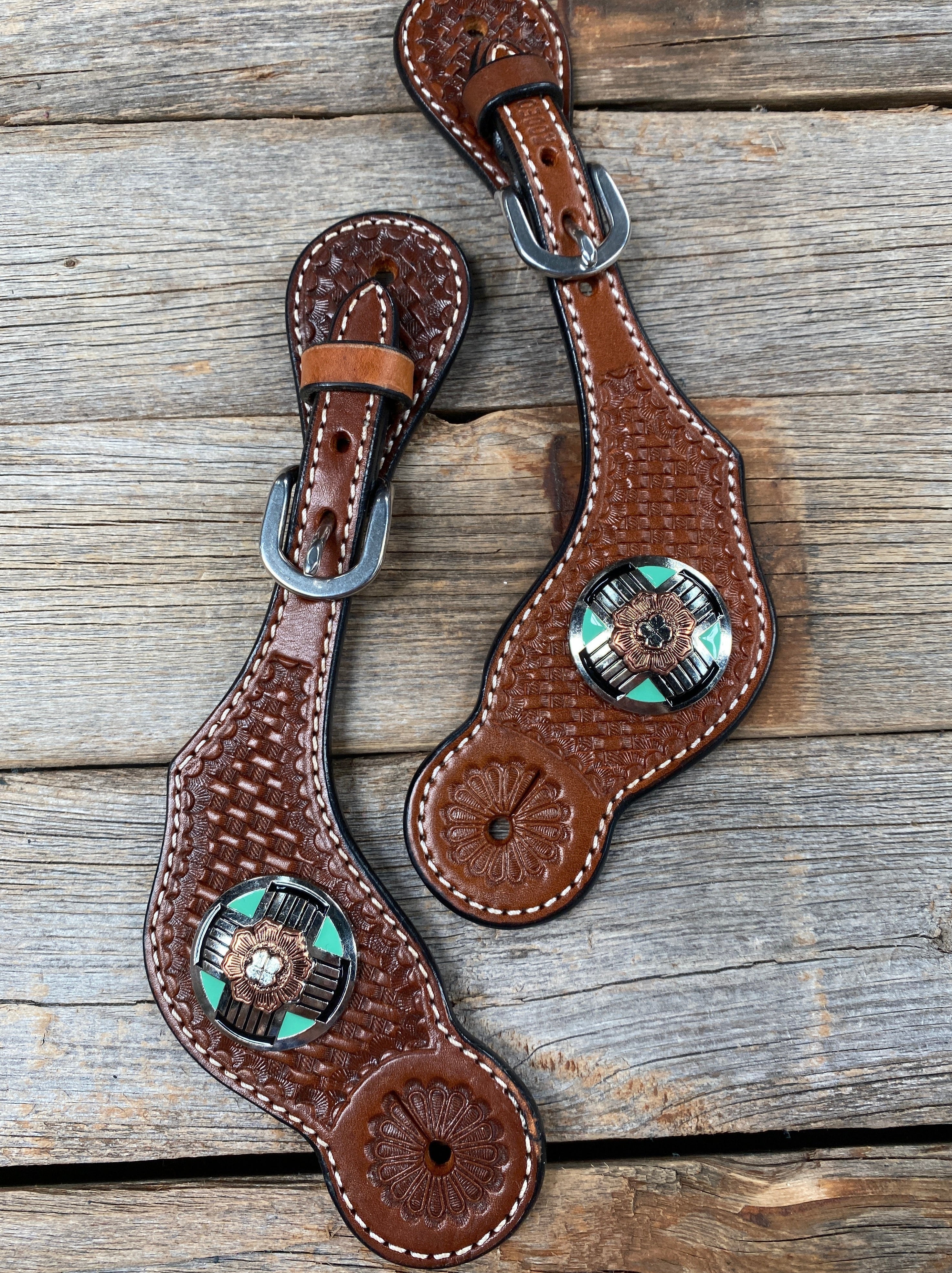Medium Oil Basketweave Spur Straps - Antique Silver Western Conchos #SS102