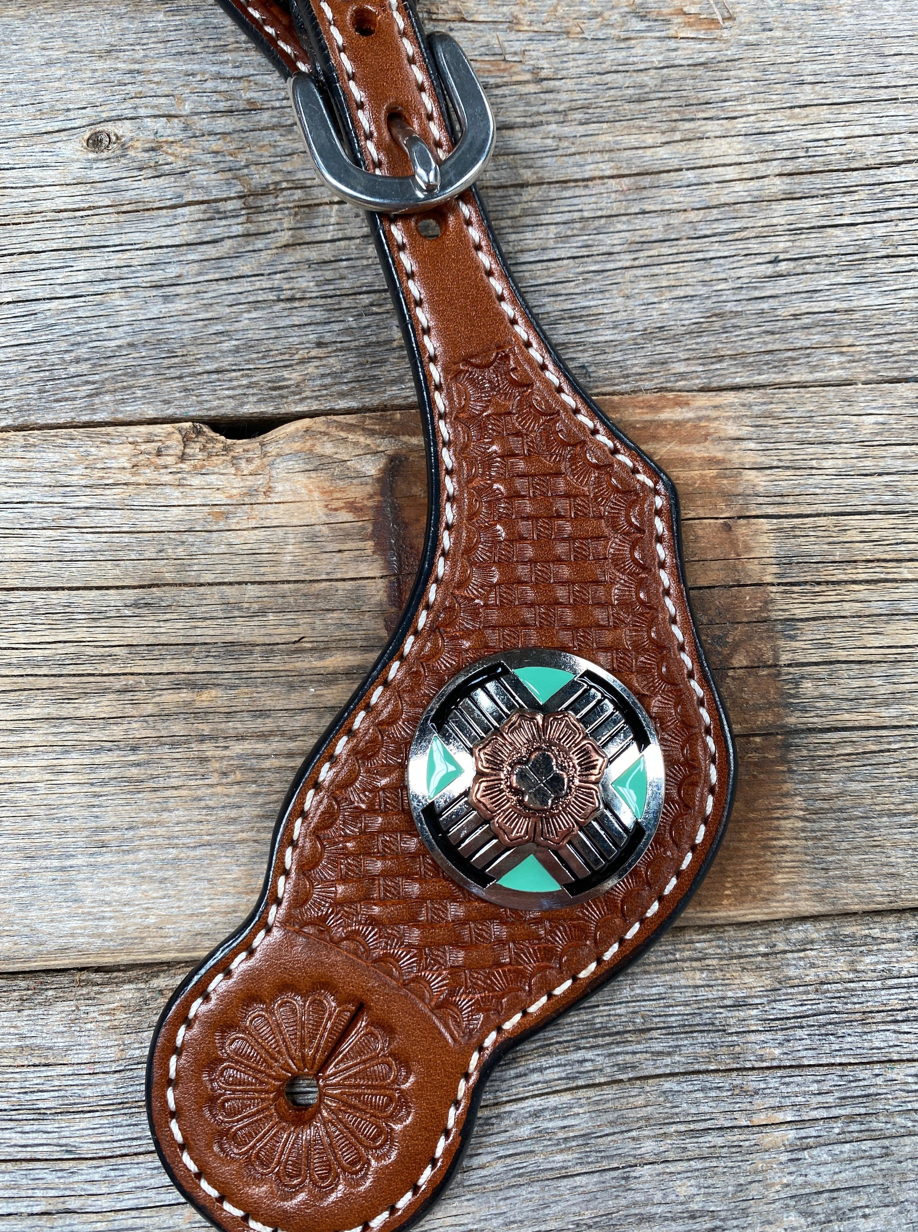 Medium Oil Basketweave Spur Straps - Antique Silver Western Conchos #SS102 — view 2