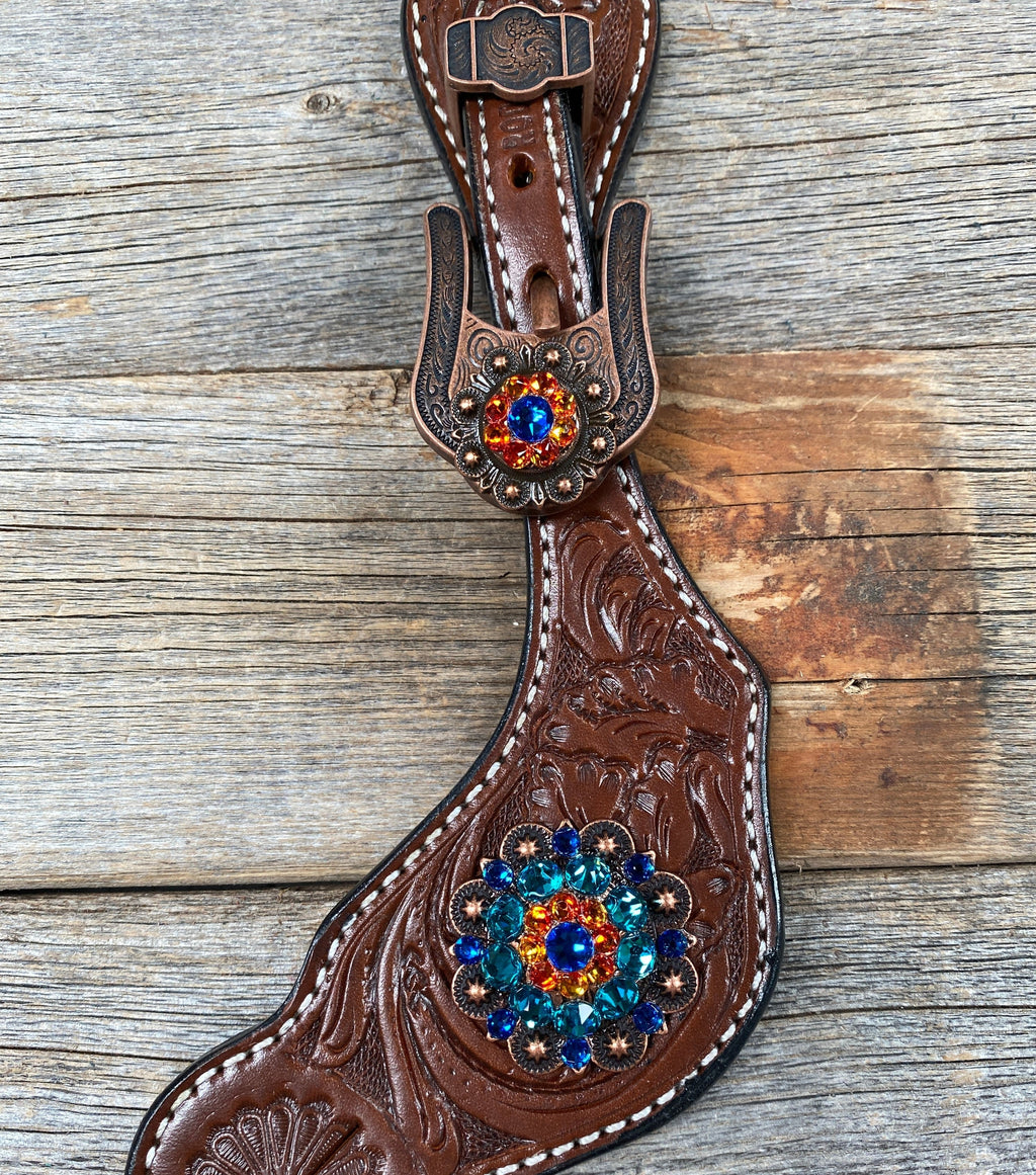 Medium Floral Spur Straps - Copper Crystal Conchos #SS110 — view 2