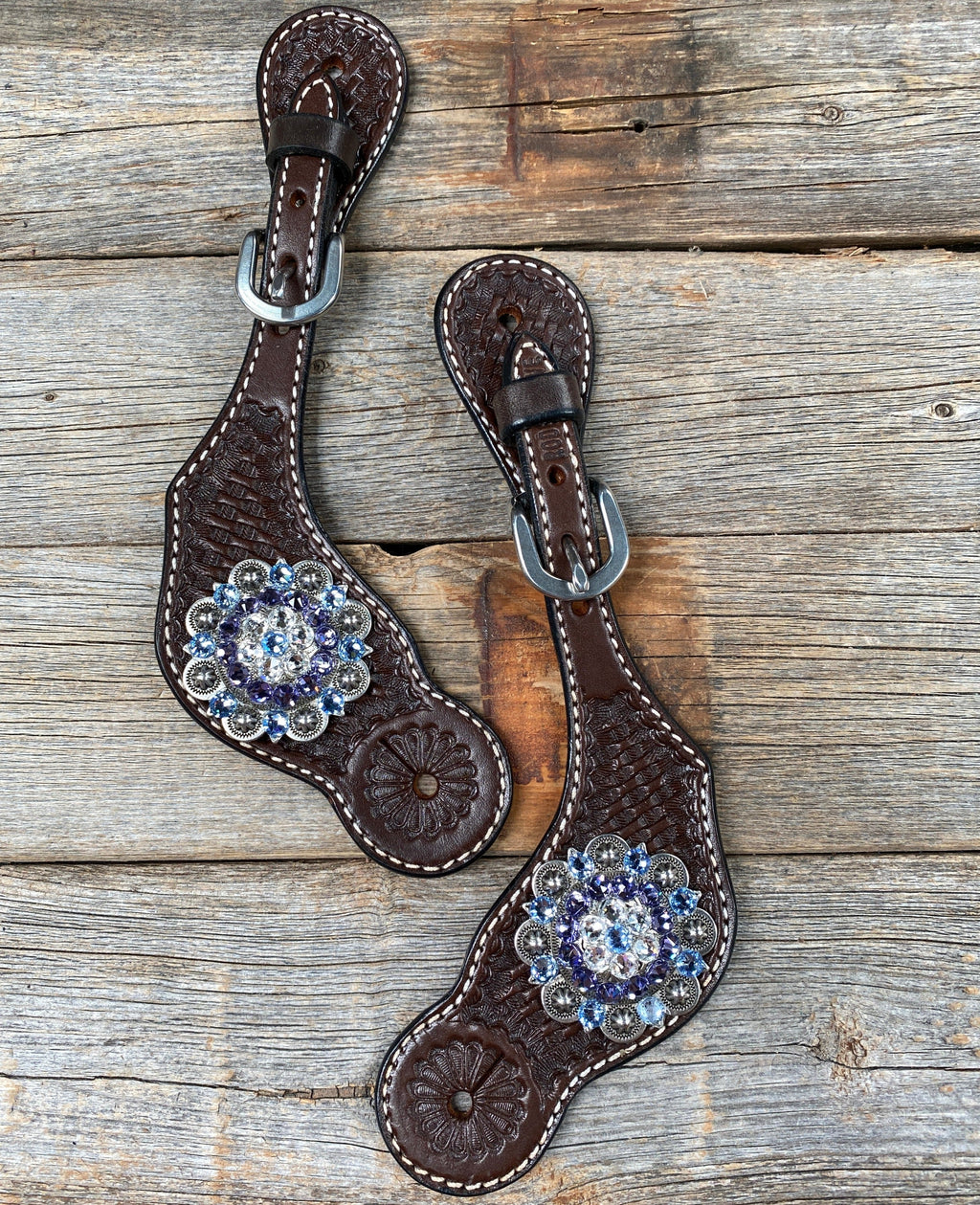 Dark Oil Basketweave Spur Straps - Antique Silver Crystal Conchos #SS103