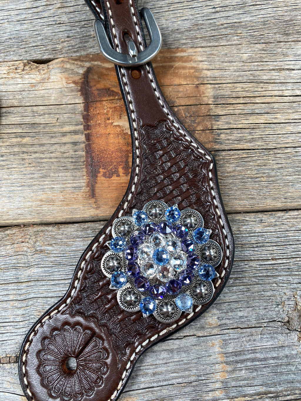 Dark Oil Basketweave Spur Straps - Antique Silver Crystal Conchos #SS103 — view 2