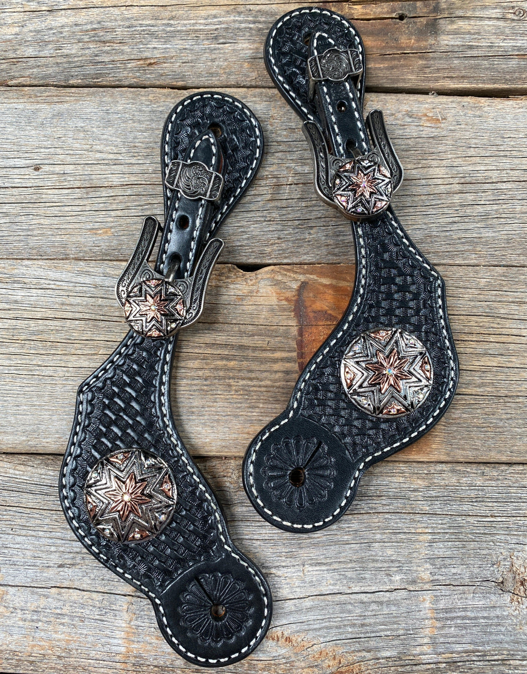 Black Basketweave Spur Straps - Antique Silver Starburst Conchos #SS108