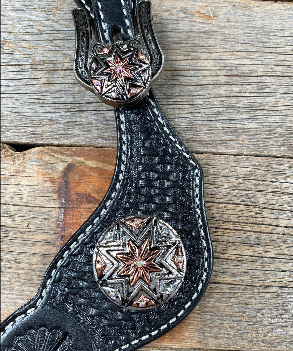 Black Basketweave Spur Straps - Antique Silver Starburst Conchos #SS108 — view 2