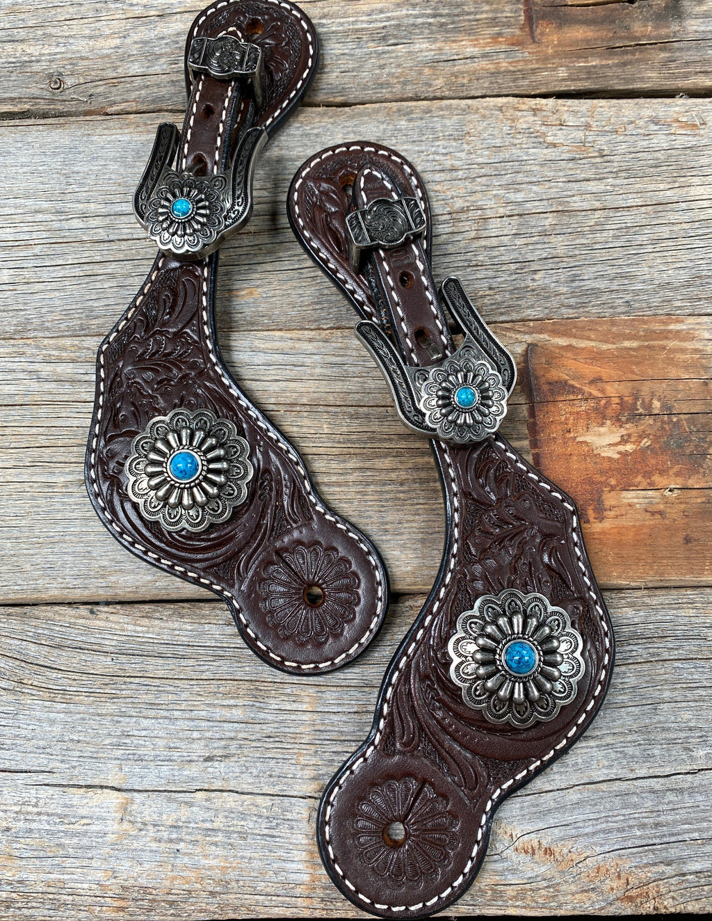 Dark Floral Spur Straps - Antique Silver Western Conchos #SS111