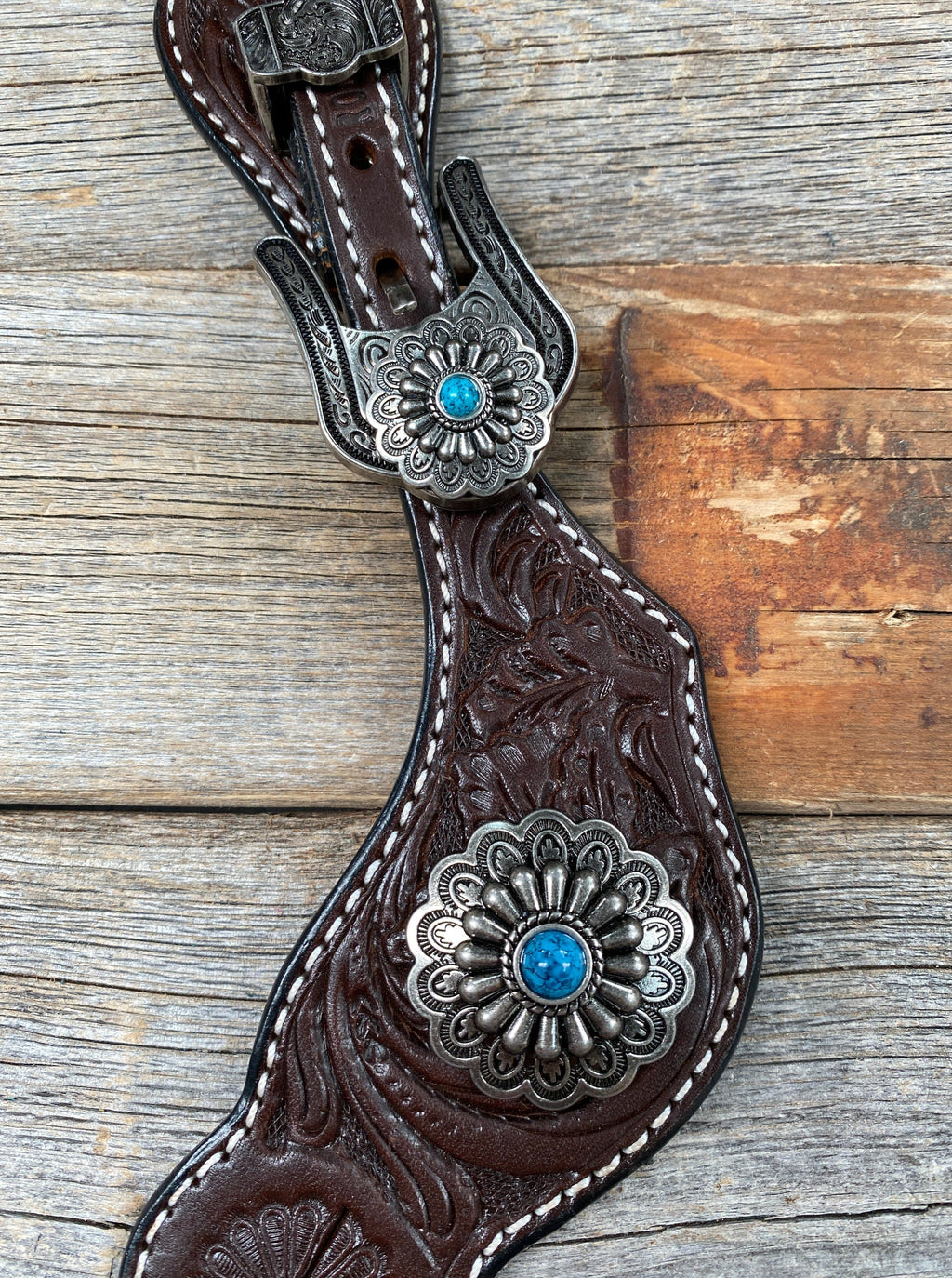Dark Floral Spur Straps - Antique Silver Western Conchos #SS111 — view 2