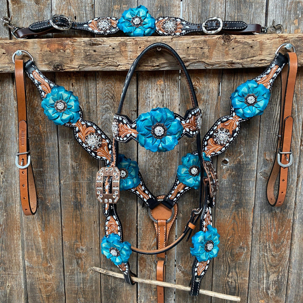 Classic Turquoise and Clear Browband/One Ear Tack Set / Witherstrap #BBBC447