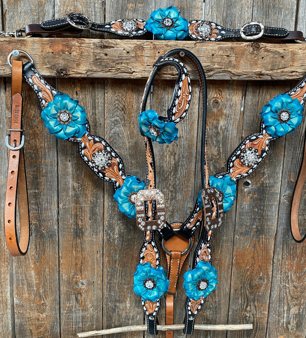 Classic Turquoise and Clear Browband/One Ear Tack Set / Witherstrap #BBBC447 — view 2