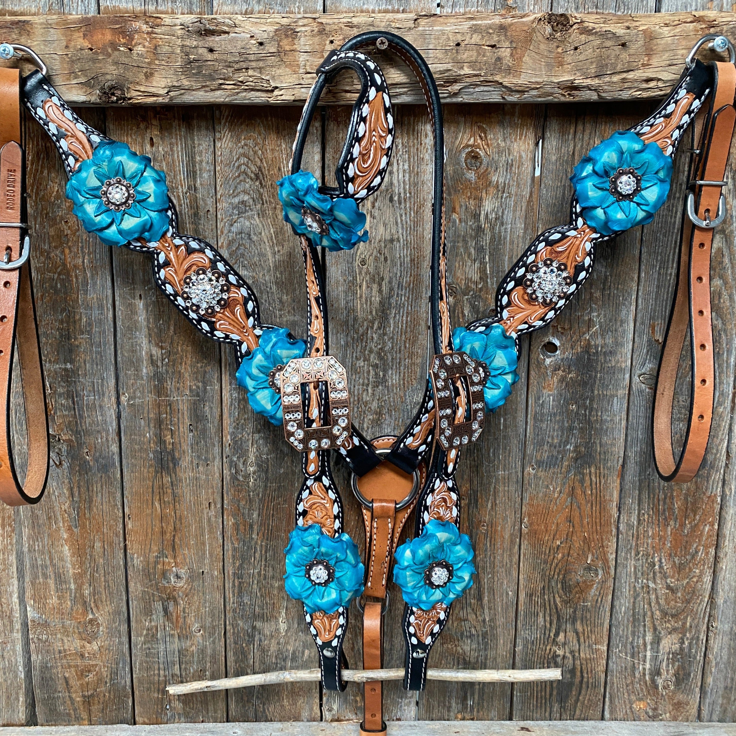 Classic Turquoise and Clear Browband/One Ear Tack Set / Witherstrap #BBBC447 — view 4