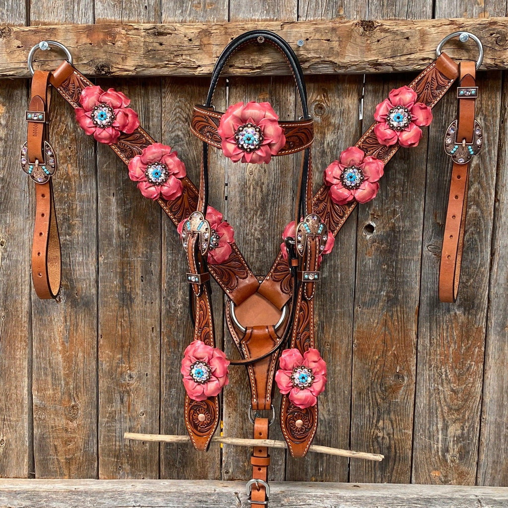Honey Colored Floral Pink and Turquoise Tack Set #BBBC545