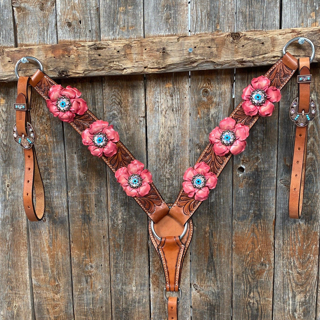 Honey Colored Floral Pink and Turquoise Tack Set #BBBC545 — view 8