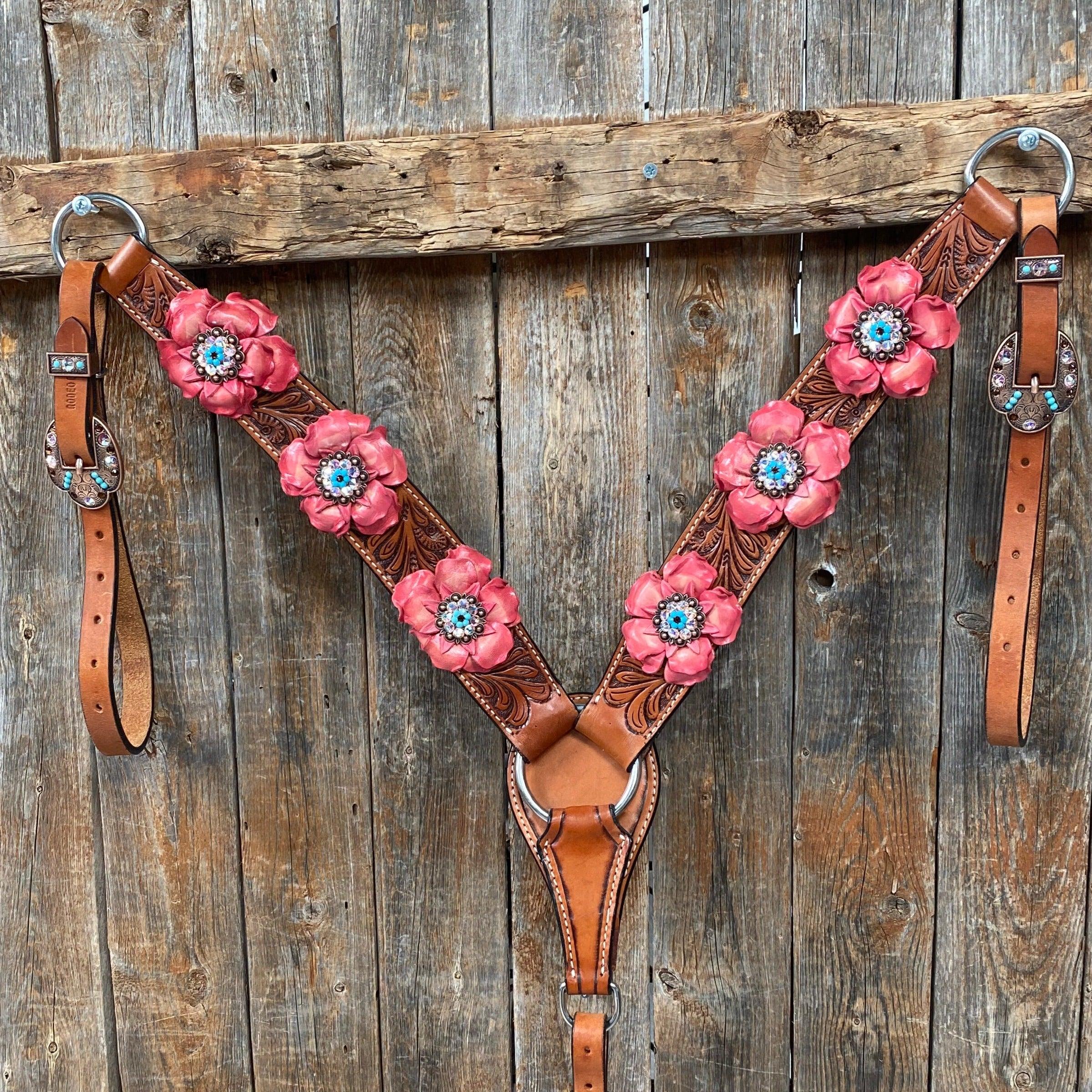 Honey Colored Floral Pink and Turquoise Tack Set #BBBC545 — view 8