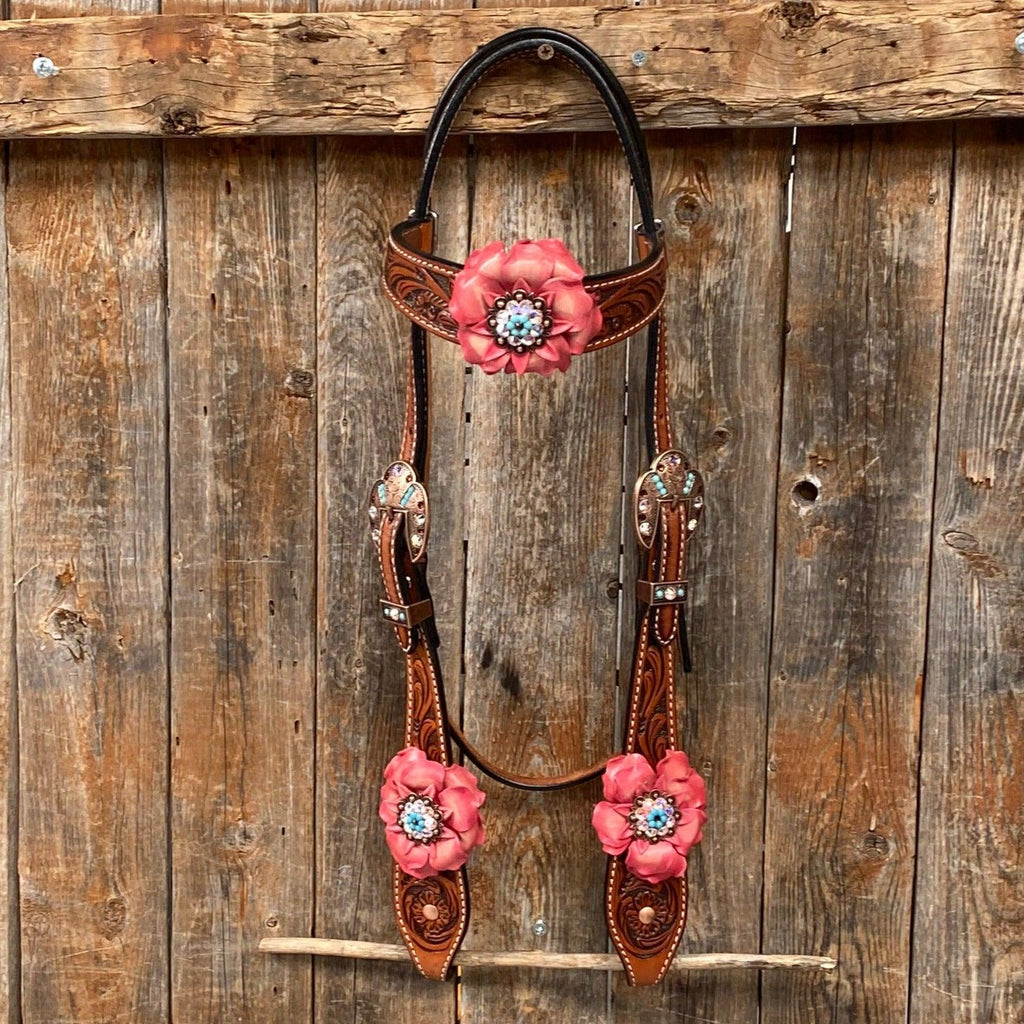 Honey Colored Floral Pink and Turquoise Tack Set #BBBC545 — view 3