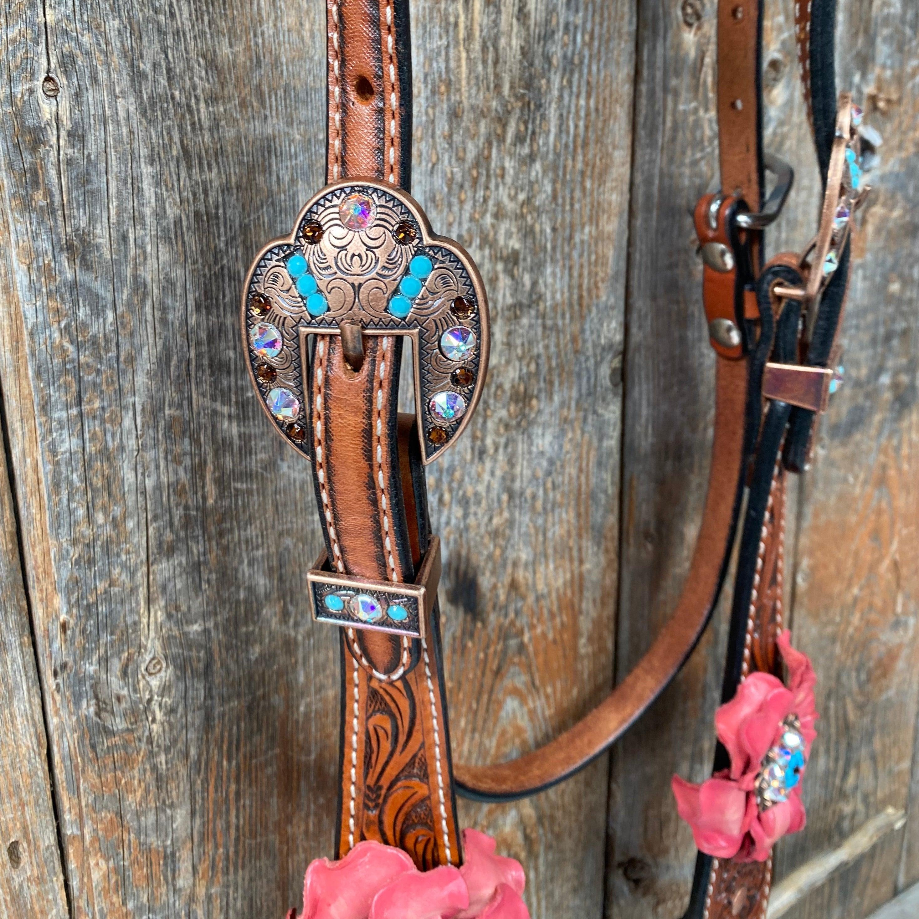 Honey Colored Floral Pink and Turquoise Tack Set #BBBC545 — view 5