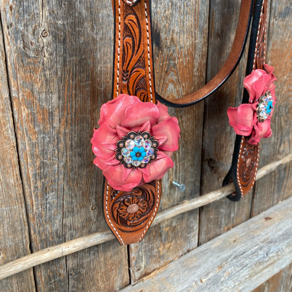 Honey Colored Floral Pink and Turquoise Tack Set #BBBC545 — view 6