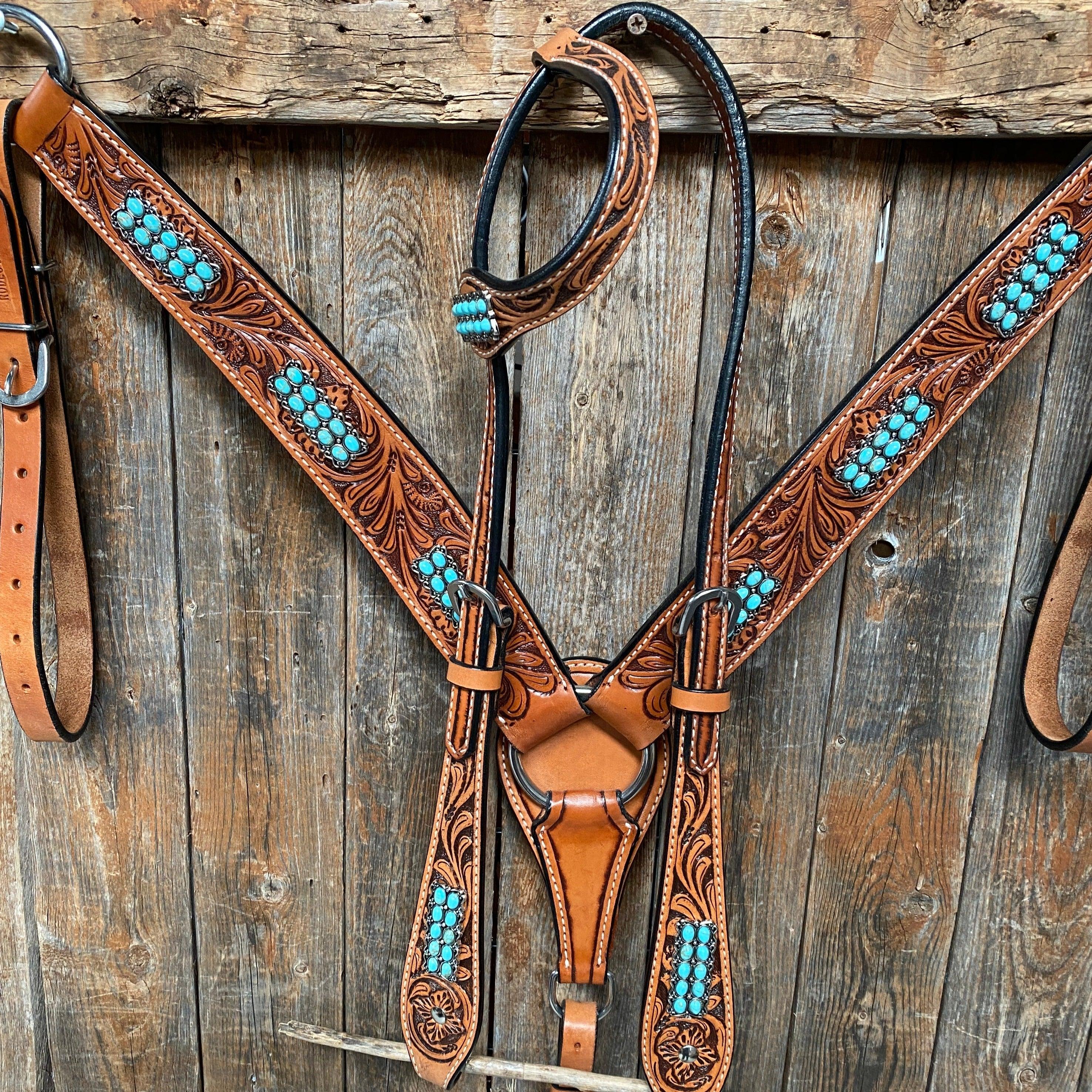 Light Oil Buckaroo Roper Turquoise One Ear & Breastcollar Tack Set #OEBC446